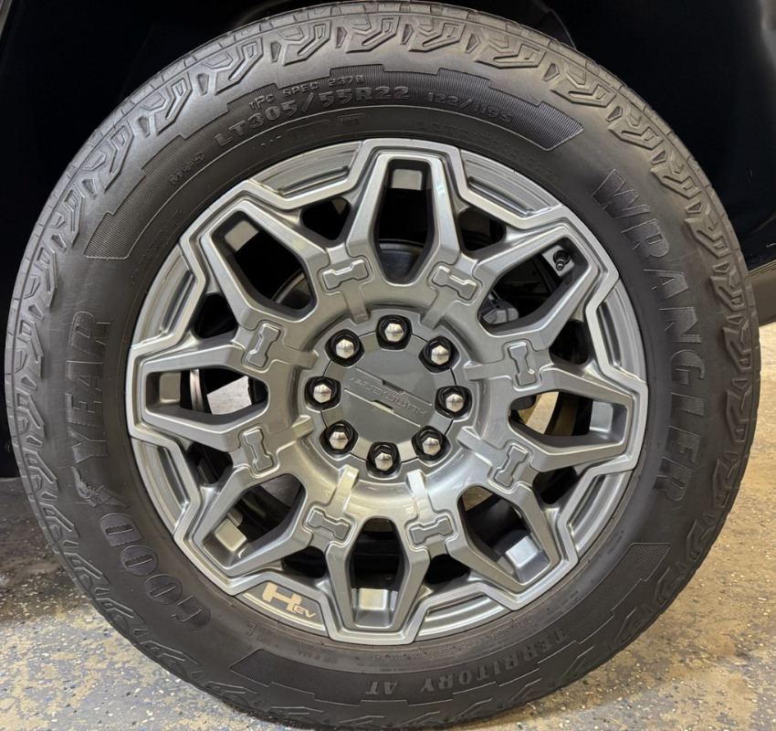 A Hummer wheel that has been detailed and polished | Mystic AC Detailing