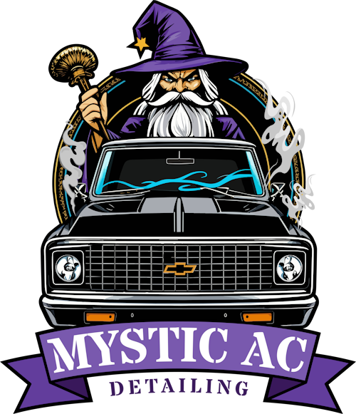 Mystic AC Detailing Logo | A wizard riding the back of a pickup truck